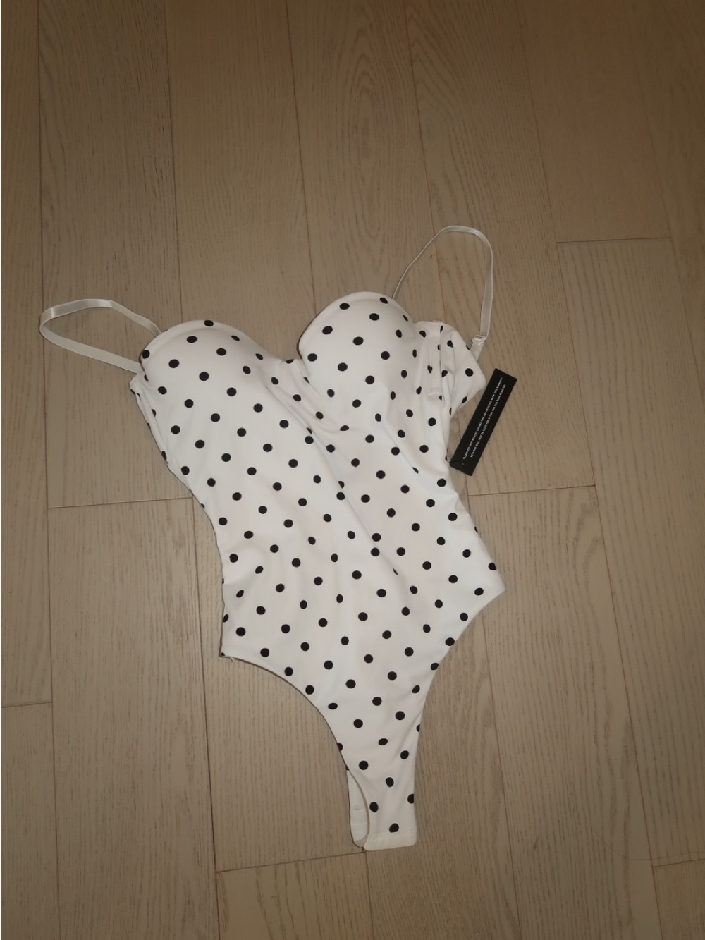 White Fox Boutique White Polka Dot Bodysuit with Black Dots